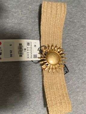 Zara Beige Knit Belt with Gold Sunburst Buckle